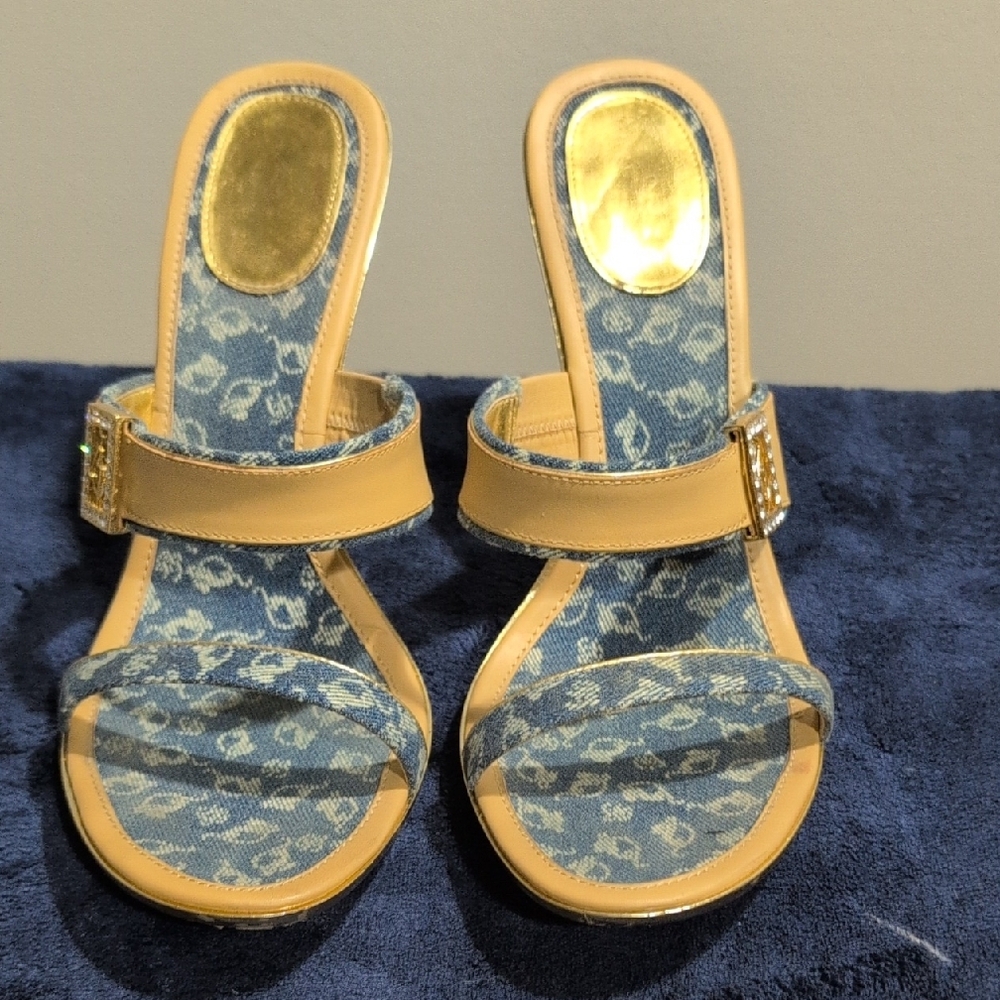 Tan and Blue Dressy Sandals with Medium Heels